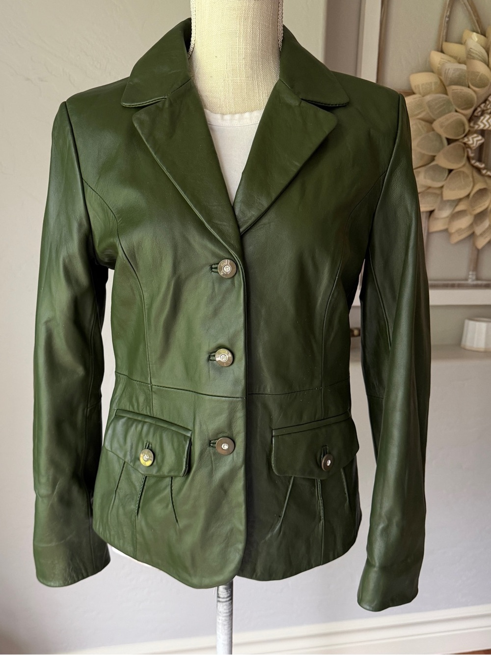 Pamela McCoy Women's Green Leather Jacket Blazer Size XS